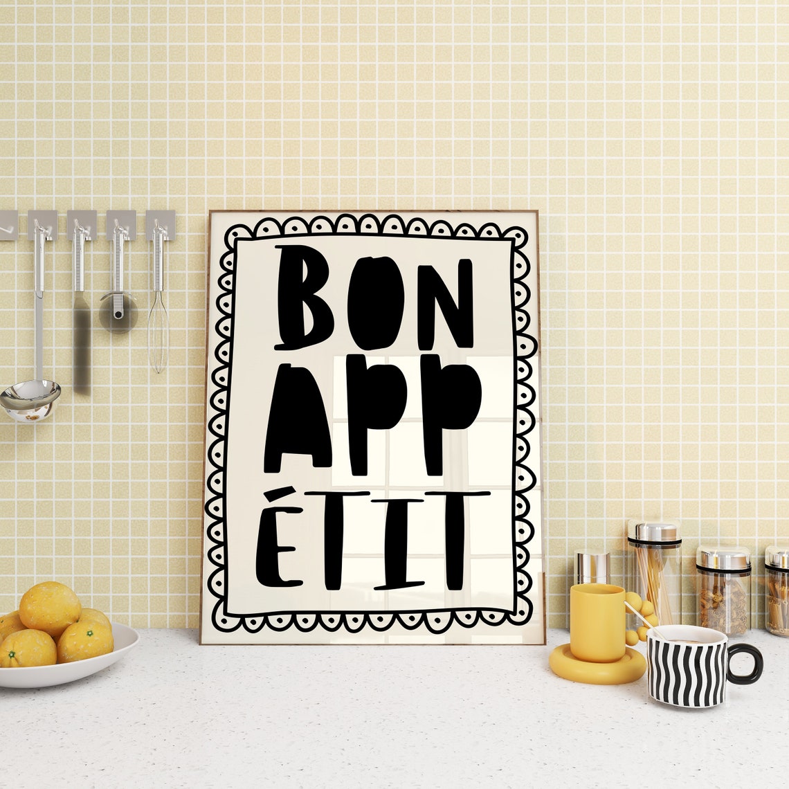 Bon Appetit Black Typography Scalloped Border Kitchen Poster