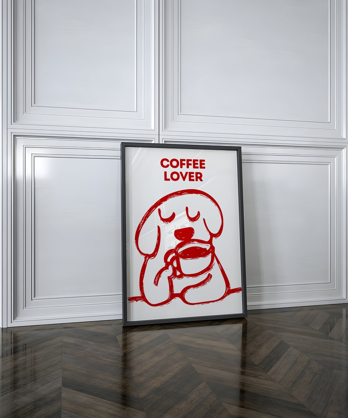 Cute Red Line Art Coffee Lover Dog Holding Mug Kitchen Poster - Image 3
