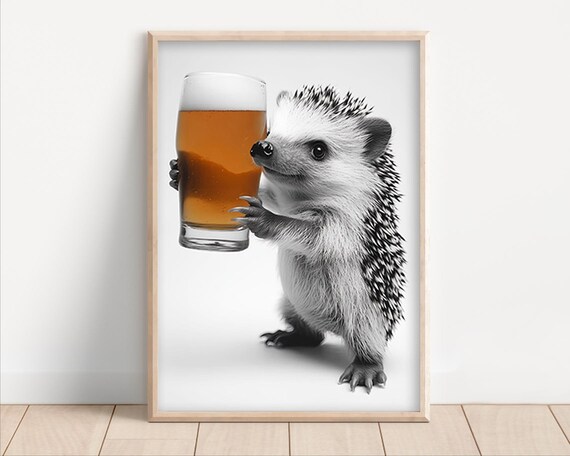 Hedgehog Drinking Beer Poster Or Canvas Funny Kitchen Wall Art Decor Home Bar Man Cave Garage Lover Dining Room Print Animal Photo