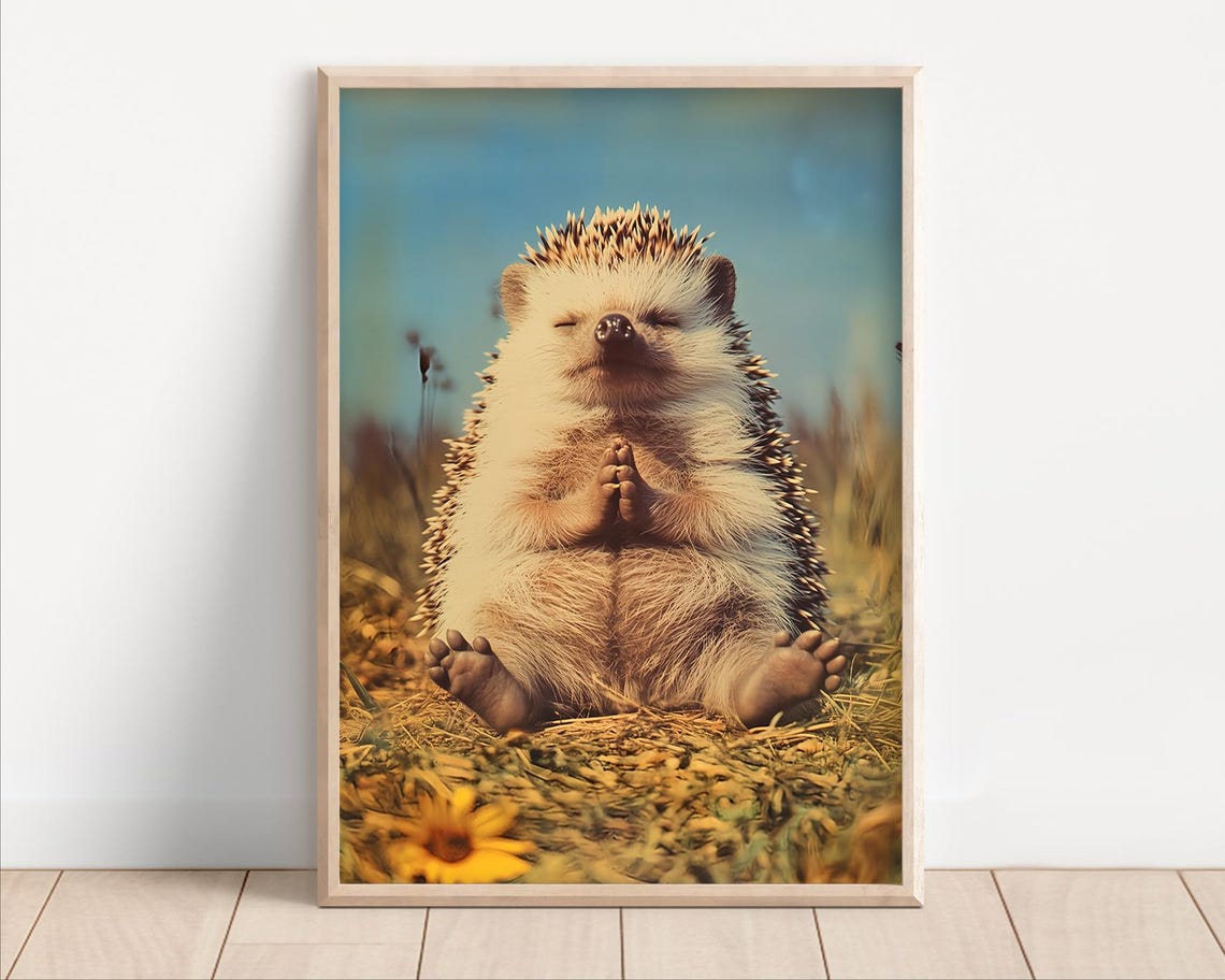Meditating Hedgehog Prayer Pose Sunny Meadow Yoga Funny Poster