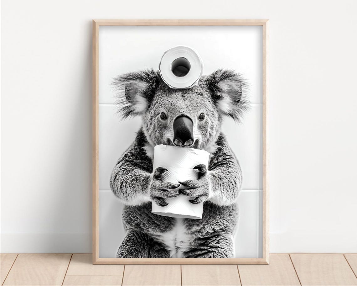Koala With Toilet Paper Rolls Funny Bathroom Animal Poster Art