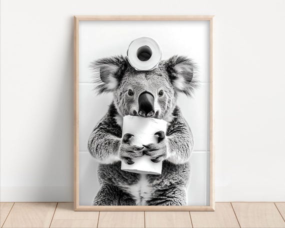 Koala With Toilet Paper On Poster Canvas Funny Bathroom Wall Art Kids Laundry Room Decor Animal Humor Photo Cute Bear Print