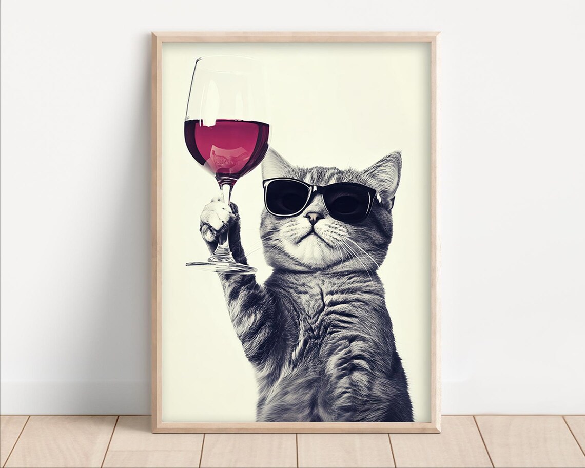 Cat Drinking Red Wine Retro Kitchen Wall Art Print