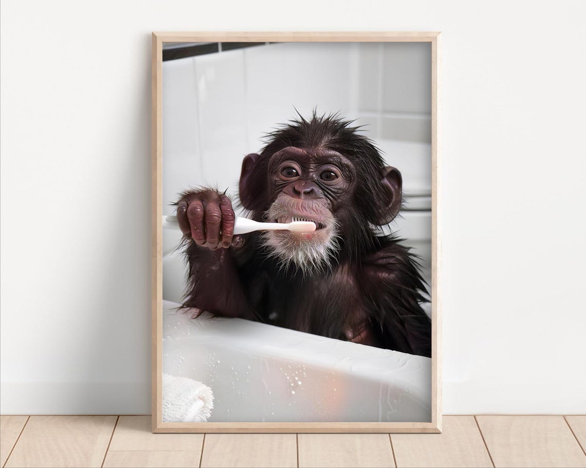 Adorable Chimpanzee Brushing Its Teeth Funny Bathroom Poster