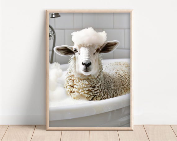 Funny Sheep In Bubble Bath Wall Art Animals Bathtub Poster Or Canvas Quirky Laundry Room Decor Cute Kids Humor Print Home Spa