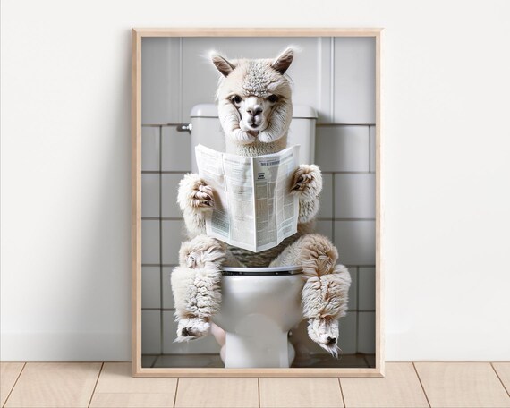Funny Alpaca On Toilet Bathroom Wall Art Poster Or Canvas Hilarious Restroom Decor Quirky Animals Print Laundry Room
