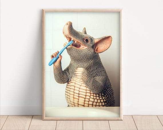 Armadillo Brushing Teeth Poster Canvas Funny Bathroom Wall Art Kids Laundry Room Decor Quirky Animal Humor Photo Cute Print