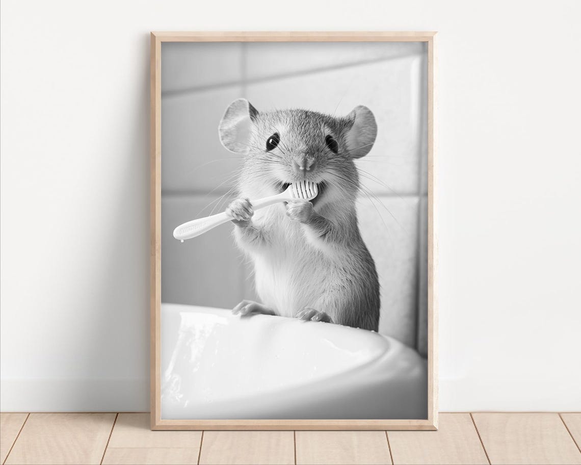 Mouse Brushing Teeth At Sink Black White Cute Bathroom Decor Poster