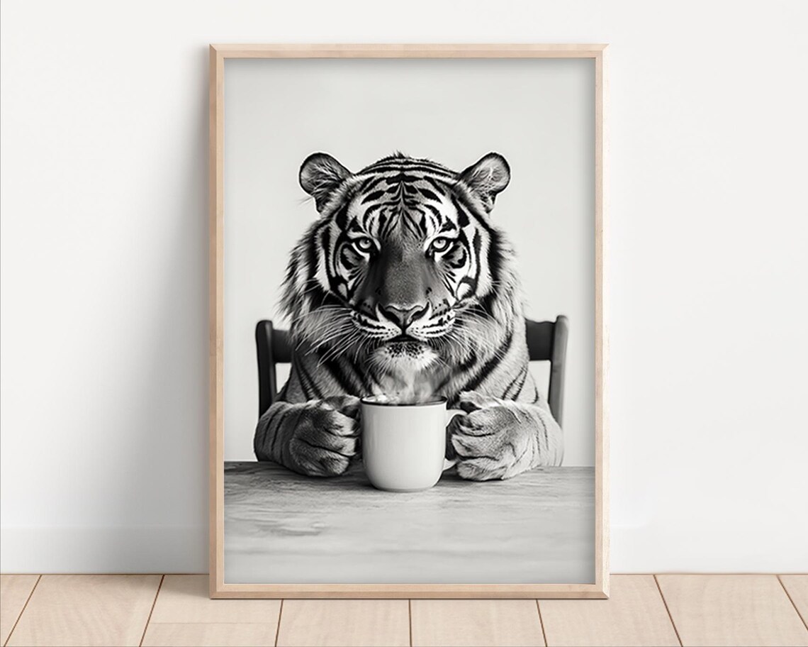 Tiger Drinking Coffee Poster Or Canvas Funny Kitchen Wall Art Shop Decor Lover Dining Room Cute Animal Print