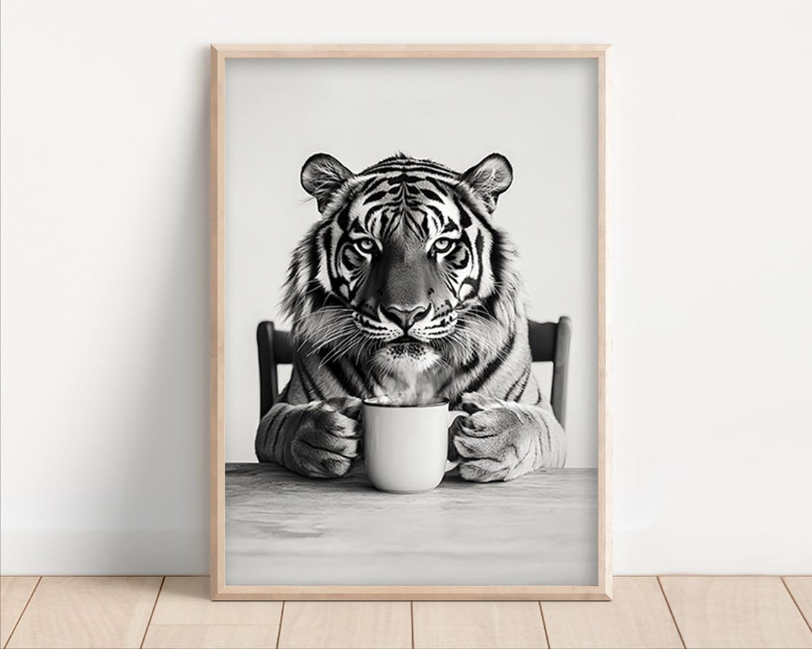 Tiger Holding a Coffee Cup Funny Black and White Animal Poster