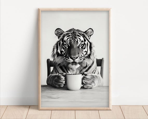 Tiger Drinking Coffee Poster Or Canvas Funny Kitchen Wall Art Shop Decor Lover Dining Room Cute Animal Print
