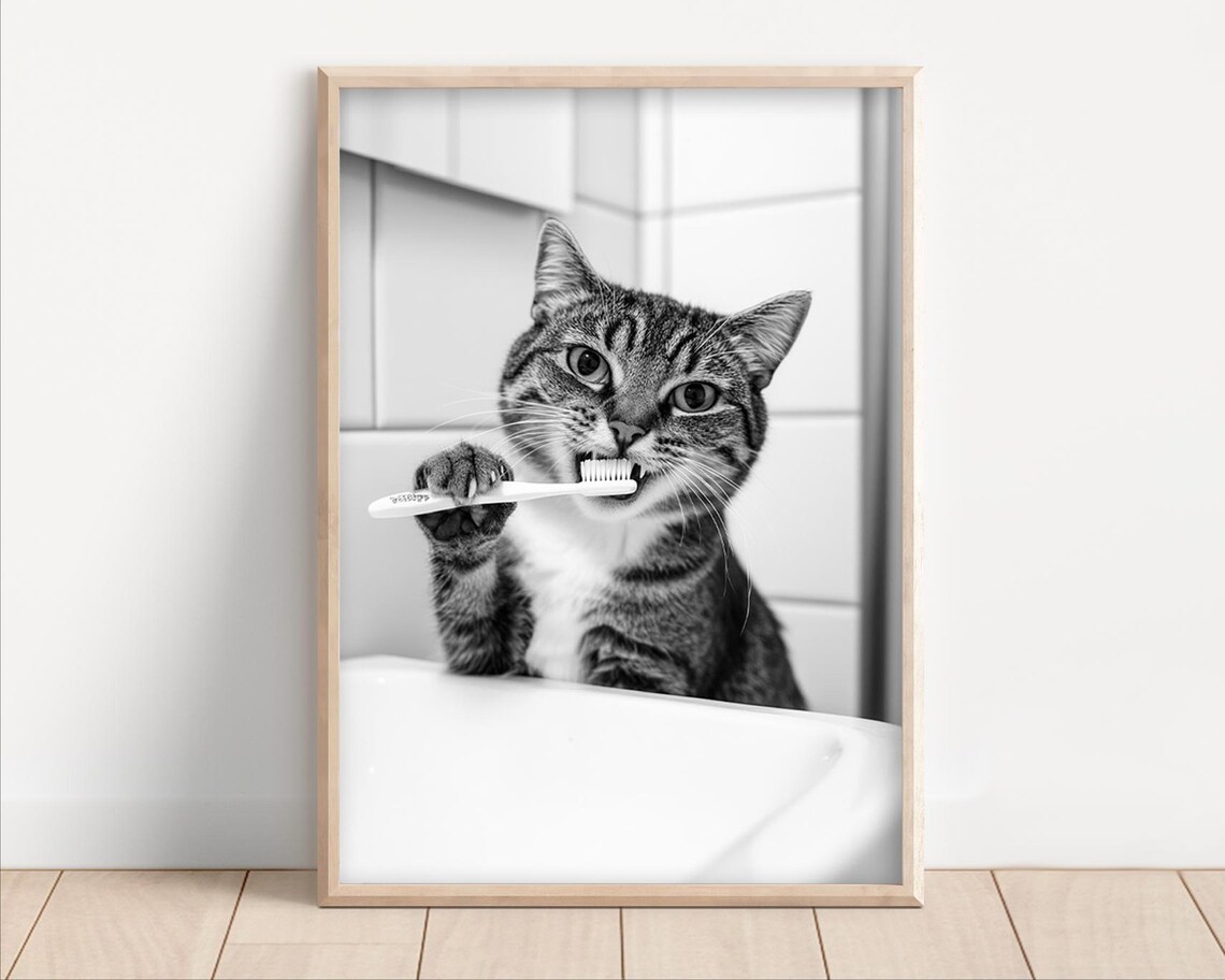 Cat Brushing Teeth Funny Bathroom Wall Art Print