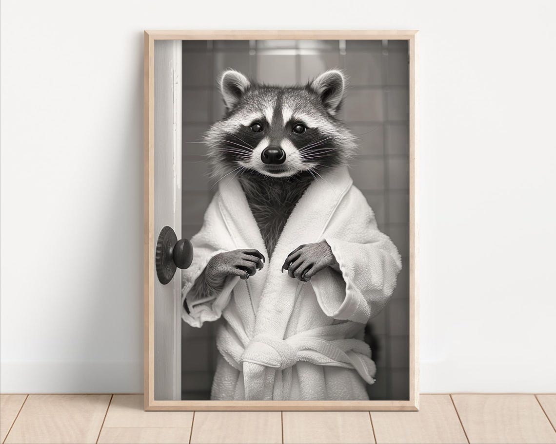 Funny Raccoon In Bathrobe Black And White Bathroom Humor Wall Art