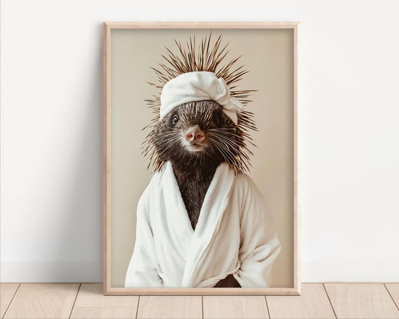 Porcupine Wearing A Bathrobe Poster Canvas Funny Bathroom Wall Art Kids Cute Laundry Room Decor Bath Towel On Animal Humor Photo
