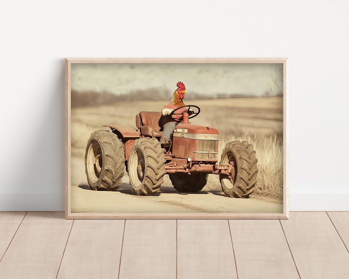 Rooster Driving Red Vintage Tractor Farm Field Sepia Funny Poster