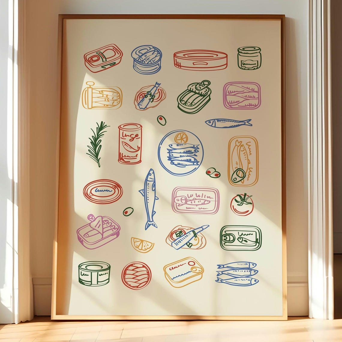 Sardine Tins Line Art Canned Fish Colorful Kitchen Decor Poster