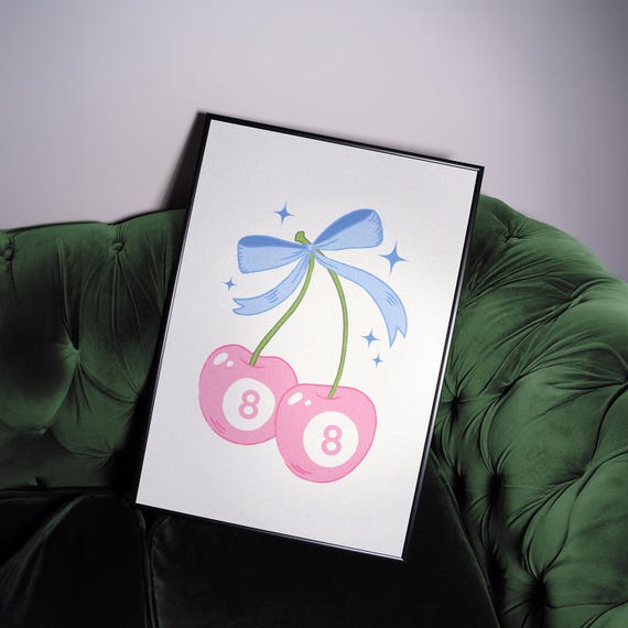 Pink 8 Ball Cherries With Blue Coquette Bow College Decor For Girls