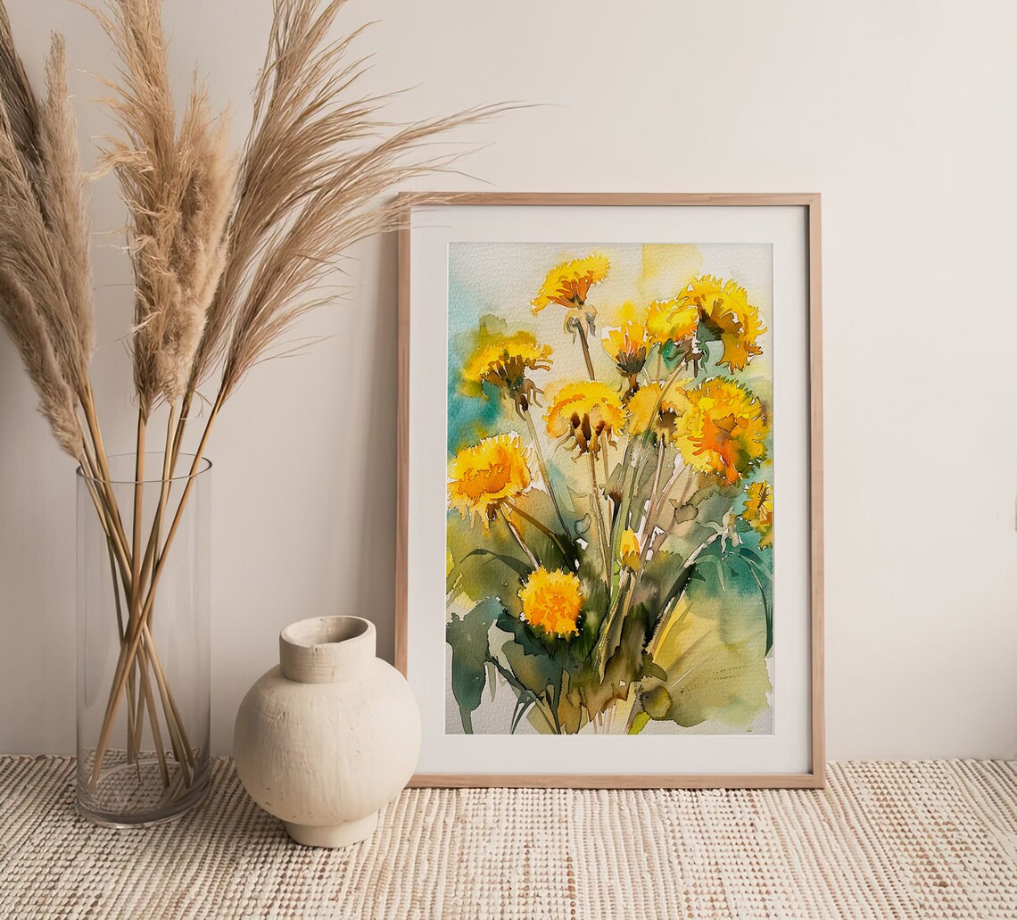 Yellow Dandelion Flowers Bouquet Loose Floral Watercolor Botanical Poster - Image 4
