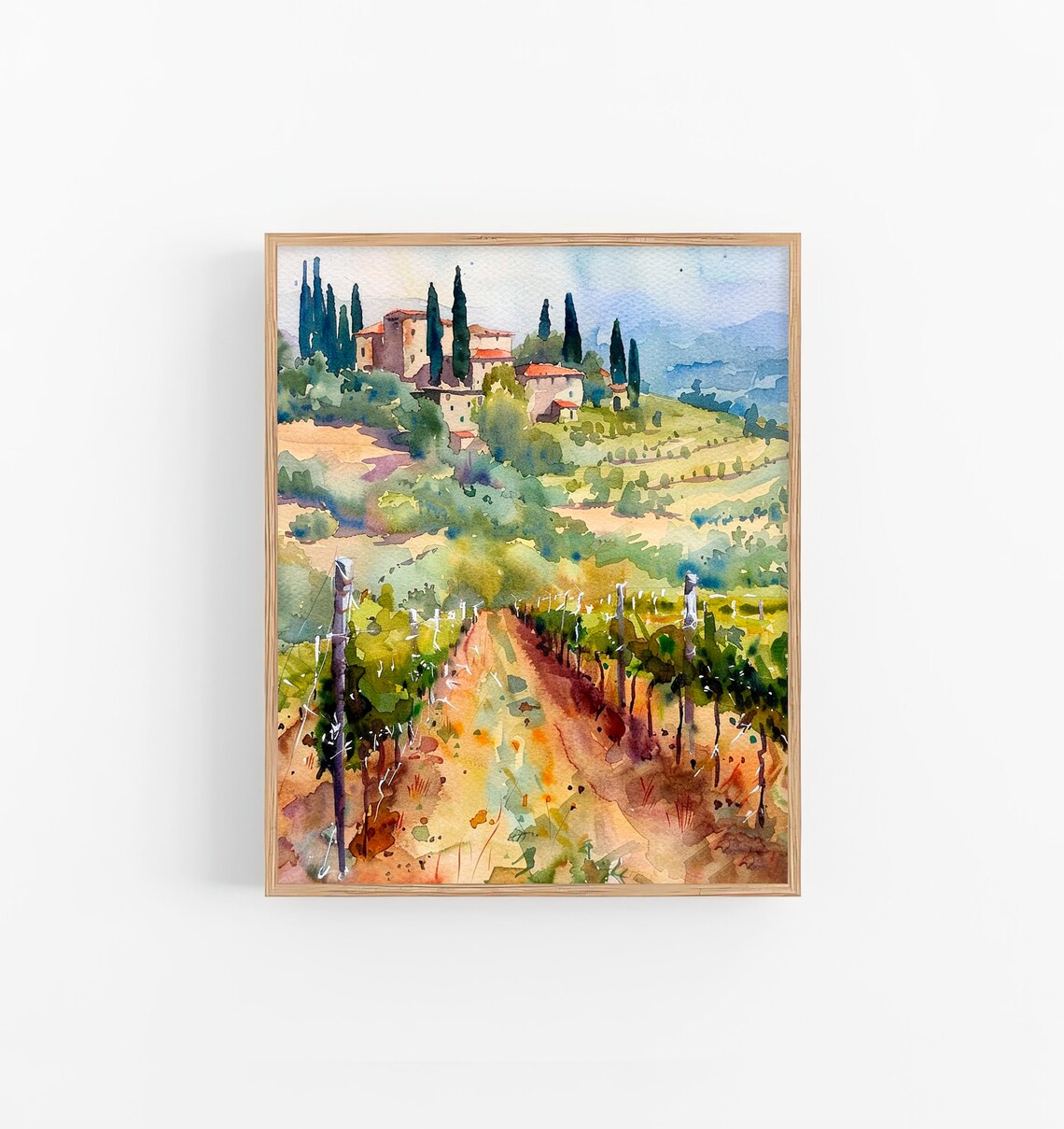 Tuscany Vineyard Watercolor Art Print, Italian Countryside
