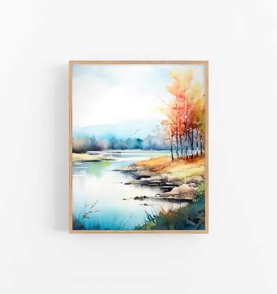 Stunning Autumn Vermont Lake Birch Trees Tranquil Watercolor Poster