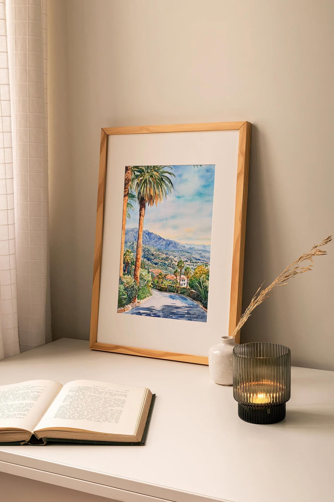 Santa Barbara Palm Trees Coastal Overlook Watercolor Art Poster - Image 2