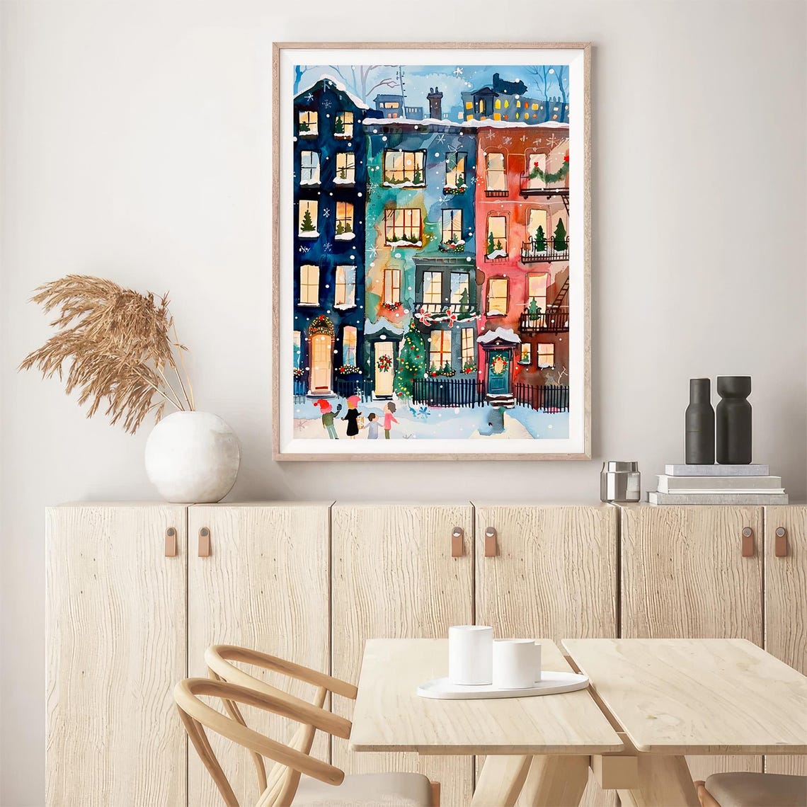 Christmas Brownstone Street Snowy Evening Watercolor Holiday Poster - Image 5