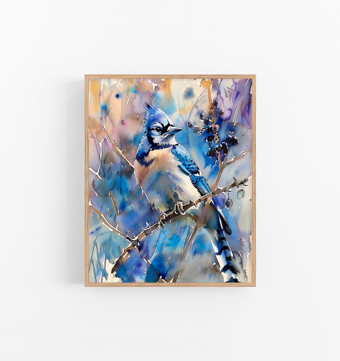 Blue Jay Songbird on Winter Branch Watercolor Bird Painting Poster