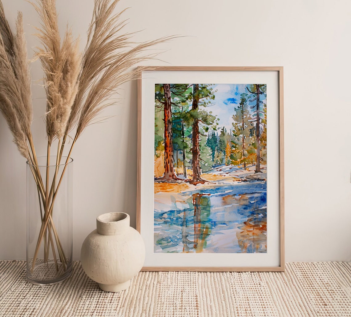 Lake Tahoe Pine Trees Shoreline Watercolor Forest Lake Poster - Image 3