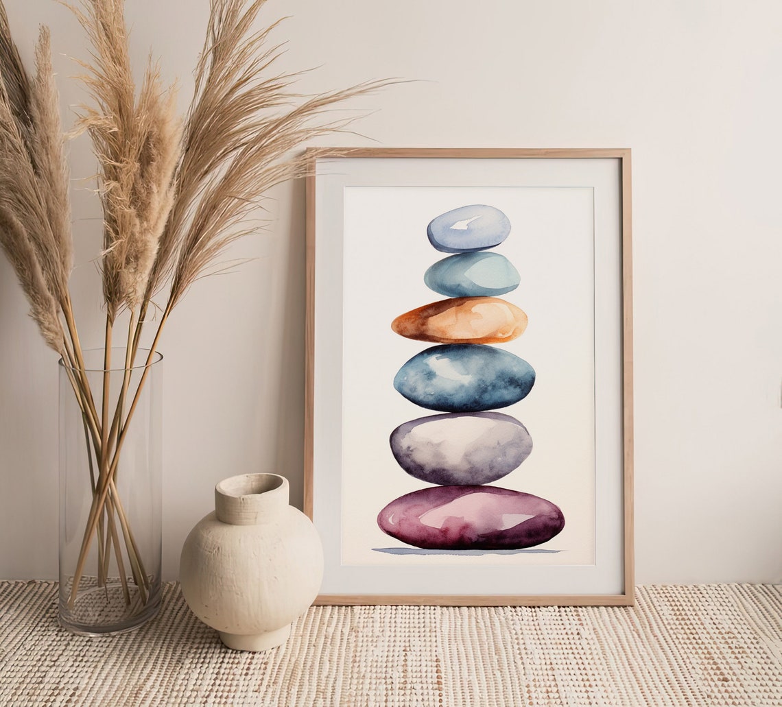 Balancing Stones Stack Zen Cairn Calm Watercolor Meditation Art Poster - Image 4