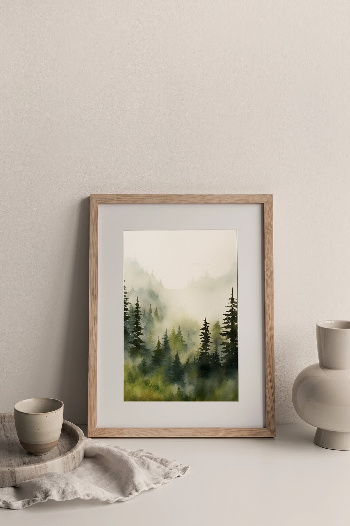 Misty Pine Forest Foggy Oregon Woodland Watercolor Painting Poster - Image 3