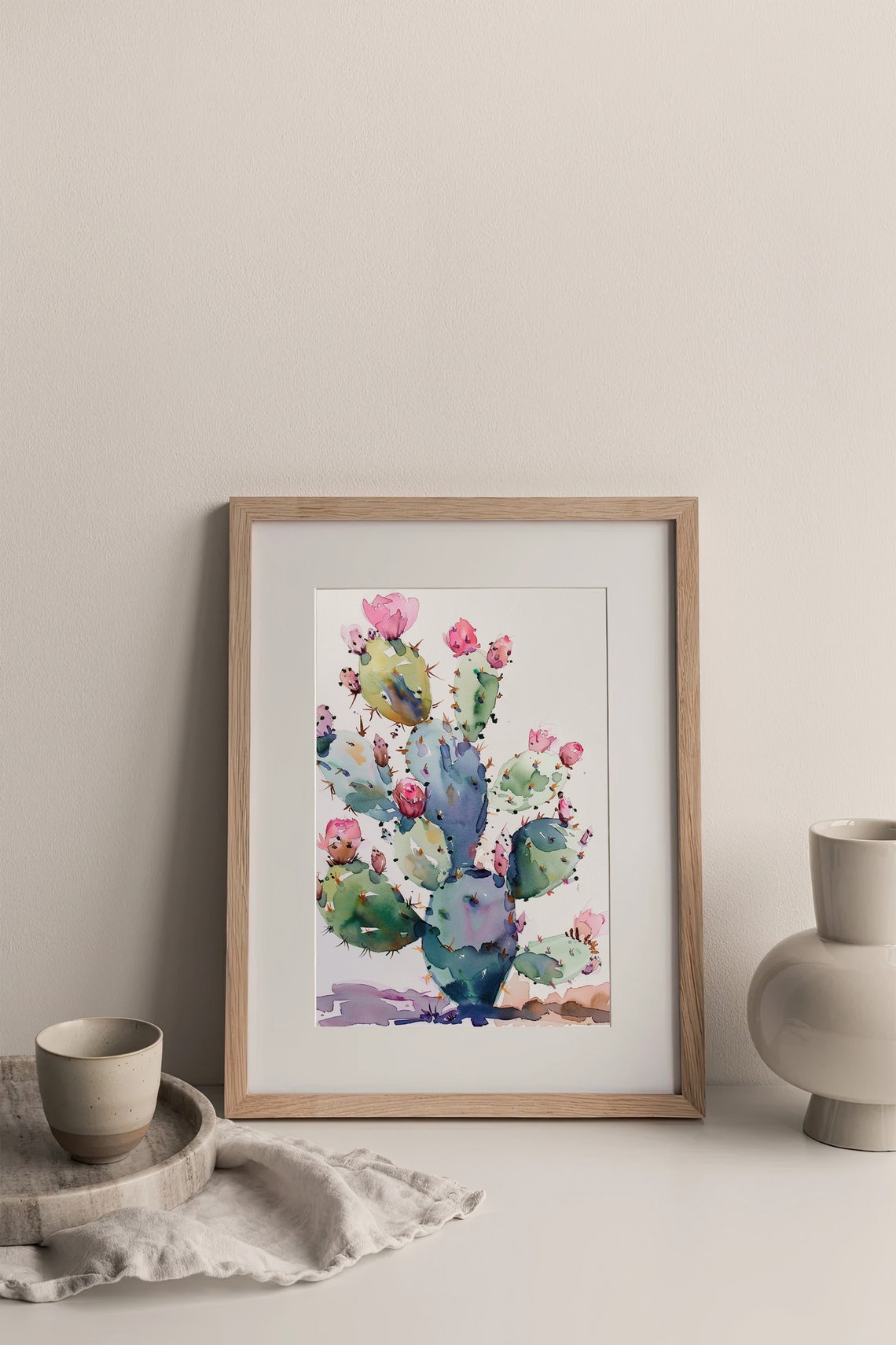 Prickly Pear Cactus Pink Blooms Watercolor Botanical Scene Poster - Image 4