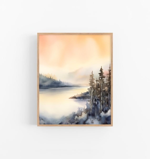 Lake Chelan Painting Evergreen Trees Art Print Foggy Lake Artwork Mountain Artworks By Feelingprints