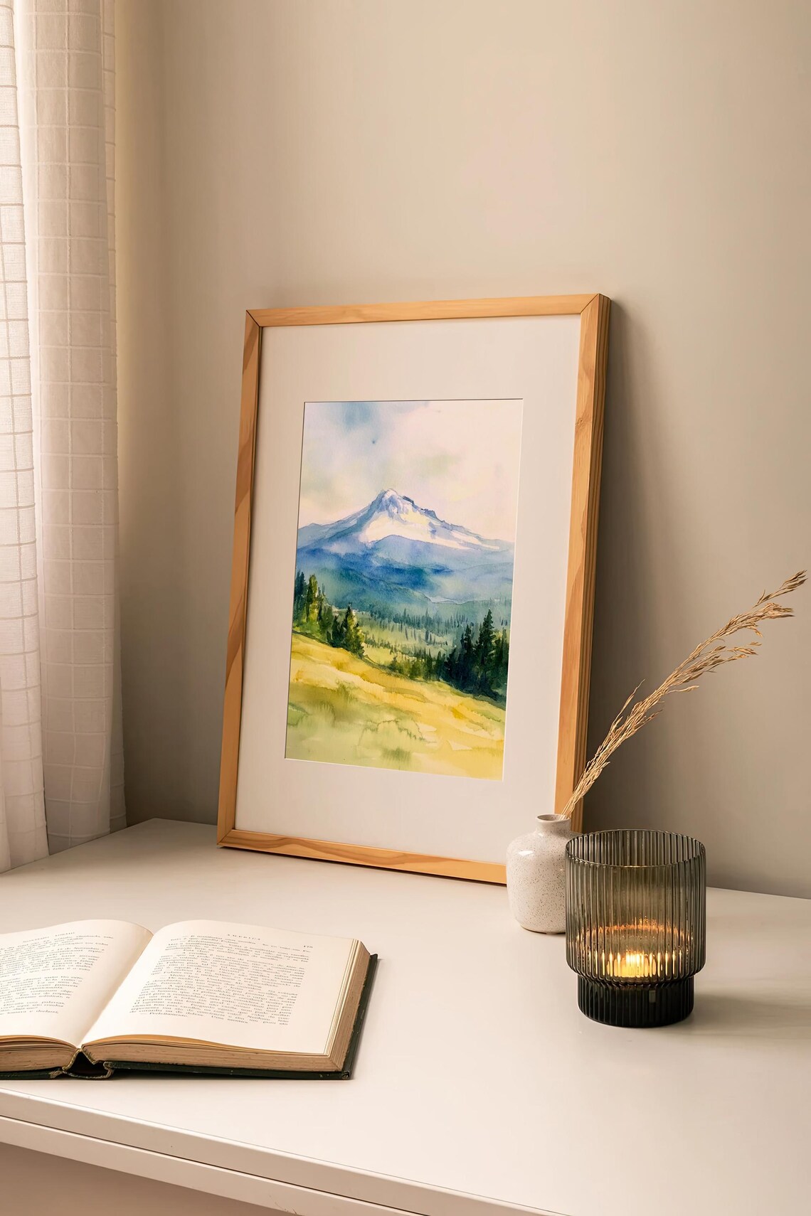 Mount Hood Watercolor Snow Capped Peak Oregon Meadow Pines Poster - Image 2