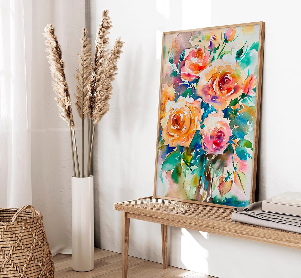 Peach Pink Roses Watercolor Floral Bouquet Romantic Scene Poster - Image 2