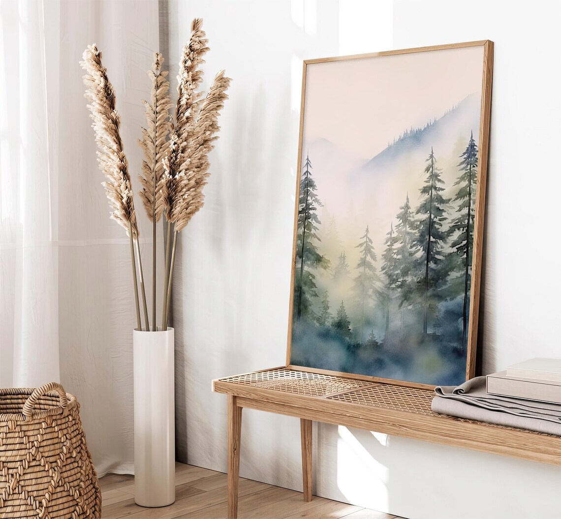 Mount Hood Foggy Pine Forest Mountain Watercolor Oregon Poster - Image 2