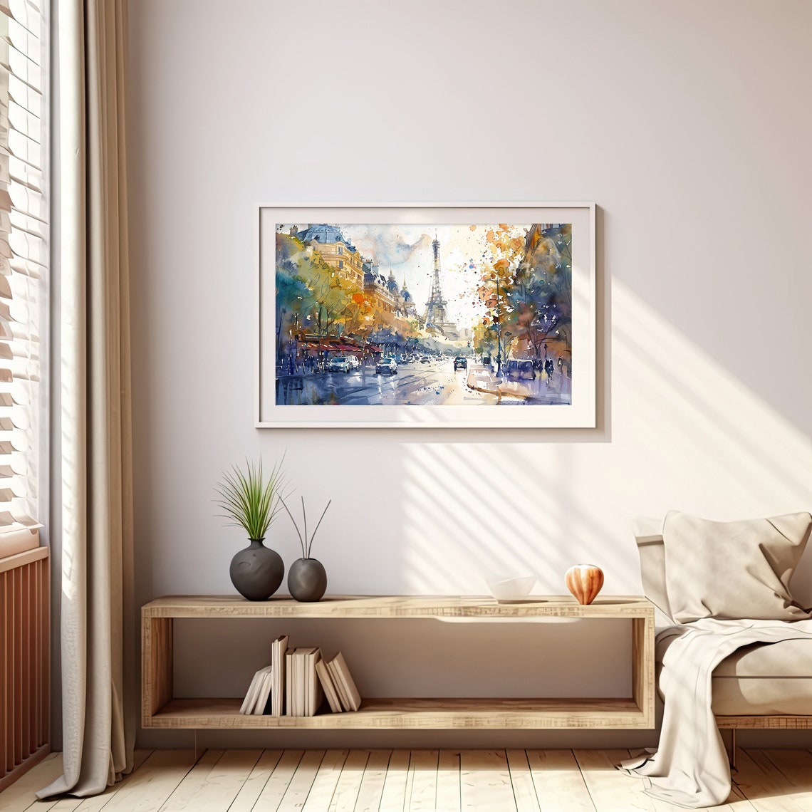 Paris Street With Eiffel Tower Autumn Rain Watercolor Cityscape Poster - Image 5