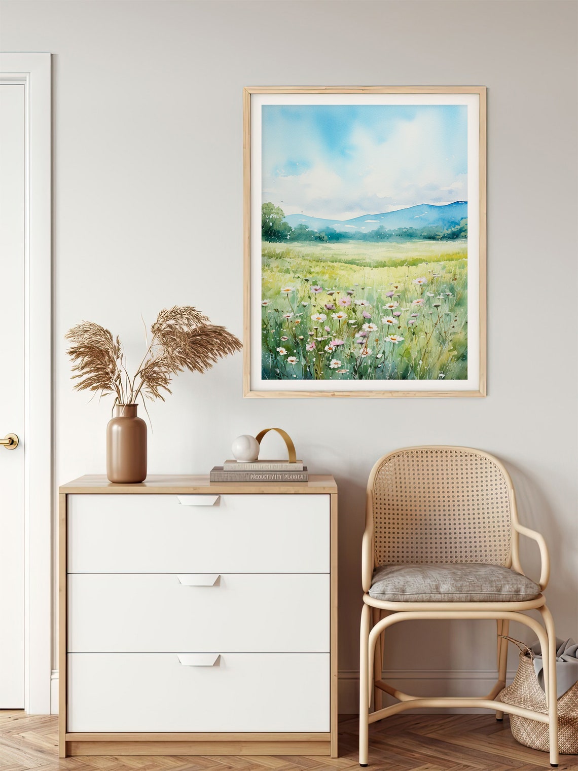 Daisy Wildflower Meadow Mountain Landscape Watercolor Wall Art - Image 5