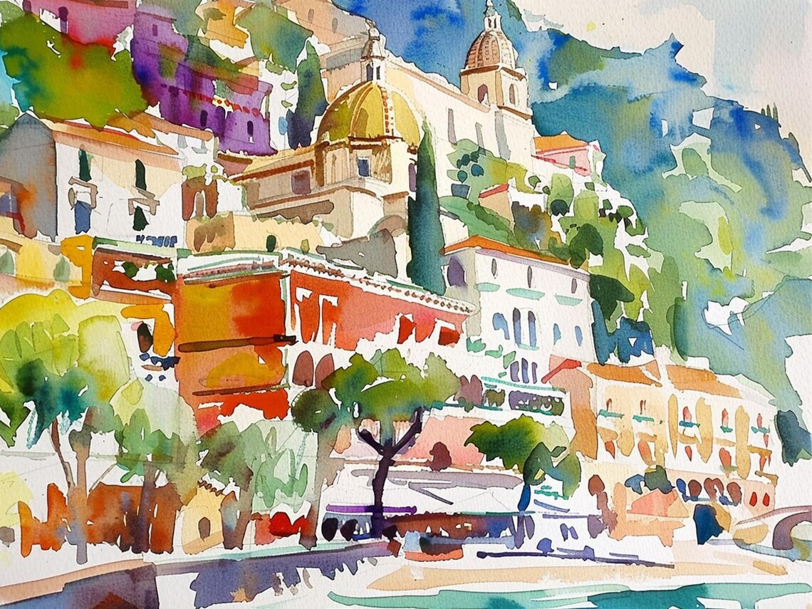 Positano Amalfi Coast Watercolor Painting Cinque Terre Art Print Seascape Cityscape Watercolor Artwork Travel Art Poster By Feelingprints