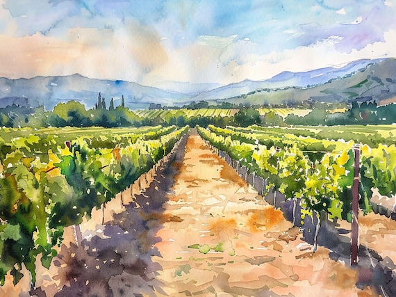 Napa Valley Print Winery Estates Watercolor Art Painting California Vineyards Wall Art Decor By Feelingprints