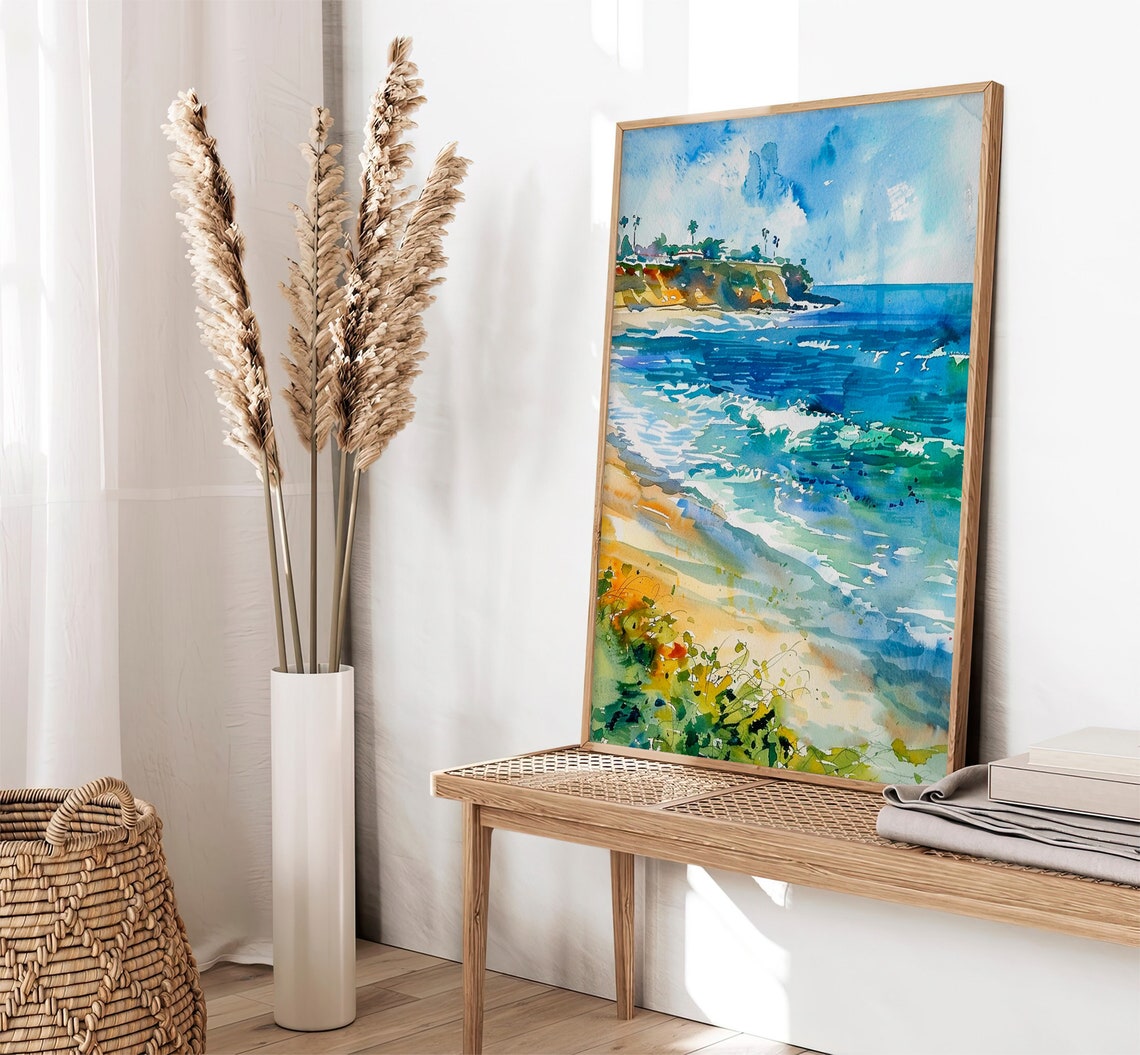 La Jolla San Diego Beach Waves Watercolor Coastal Scene Poster - Image 2