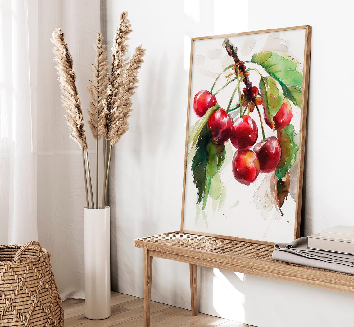 Red Cherries Branch Watercolor Fruit Kitchen Botanical Wall Art - Image 2