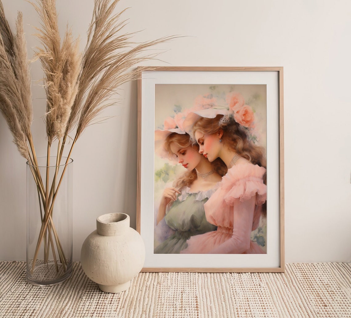 Two Sisters Romantic Portrait Vintage Dresses Floral Hats Art Poster - Image 4
