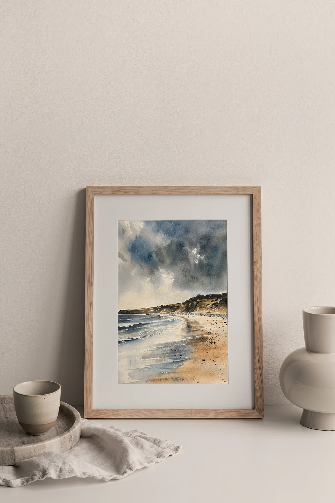 Cornwall Coastline Watercolor Sandy Beach Waves Headland Poster - Image 3
