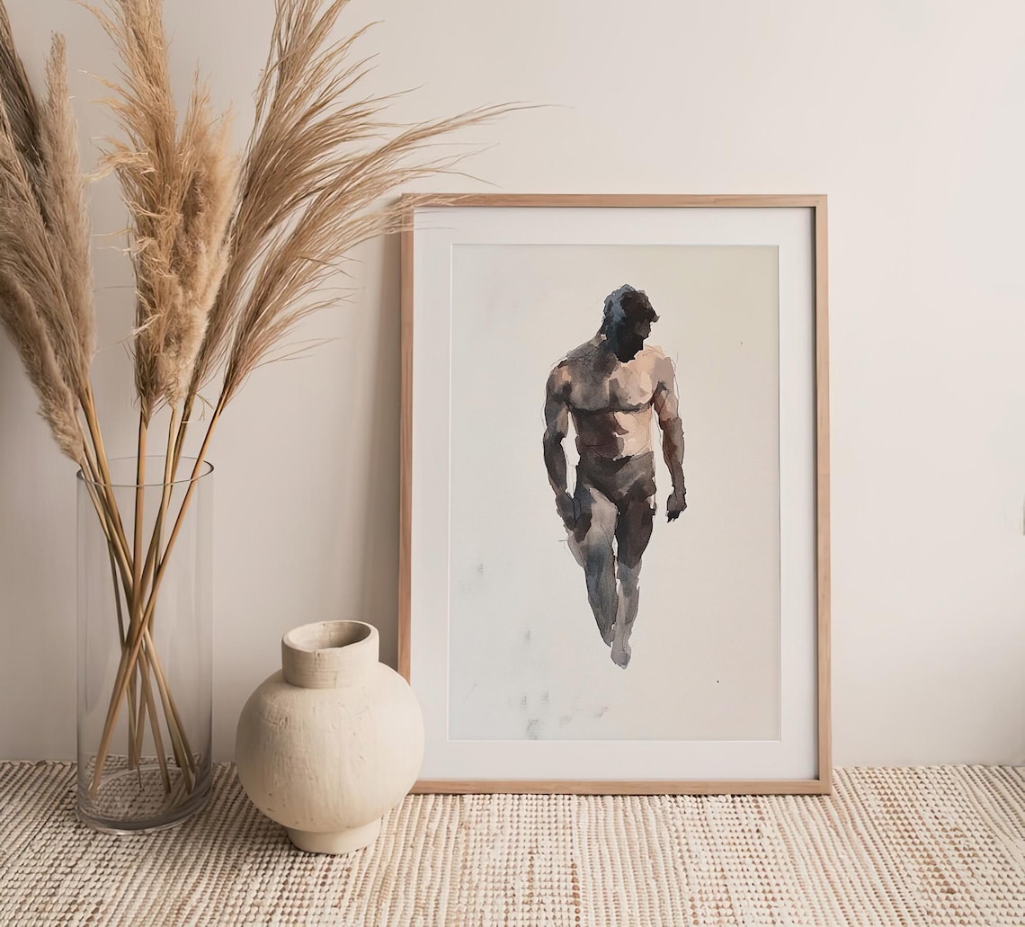 Minimalist Male Figure Watercolor Nude Study Fine Art Body Print - Image 4