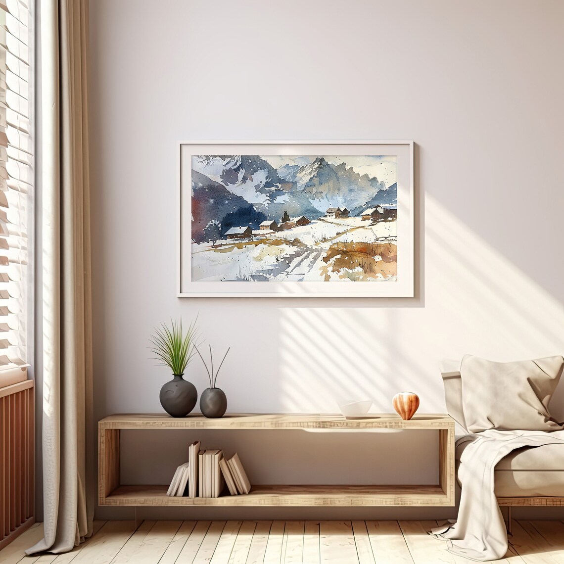 Pennine Alps Snow Village Winter Mountain Watercolor Nature Art Poster - Image 5
