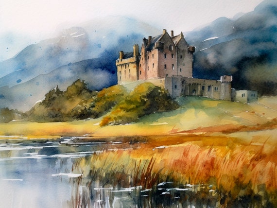 Kilchurn Castle Watercolor Art Print Scotland Landscape Painting Travel Art Poster Castle Art Print Neutral Landscape By Feelingprints