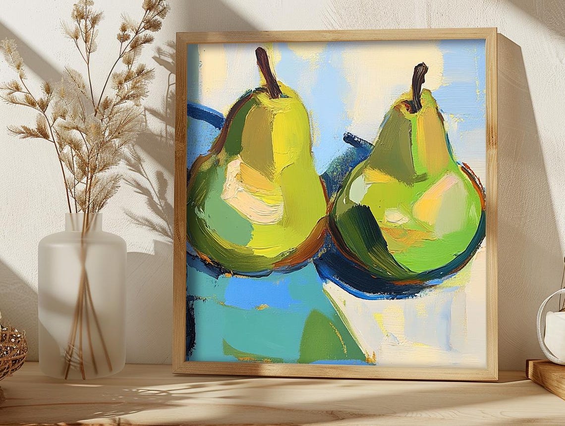 Two Green Pears Oil Painting Impasto Fruit Still Life Poster - Image 5