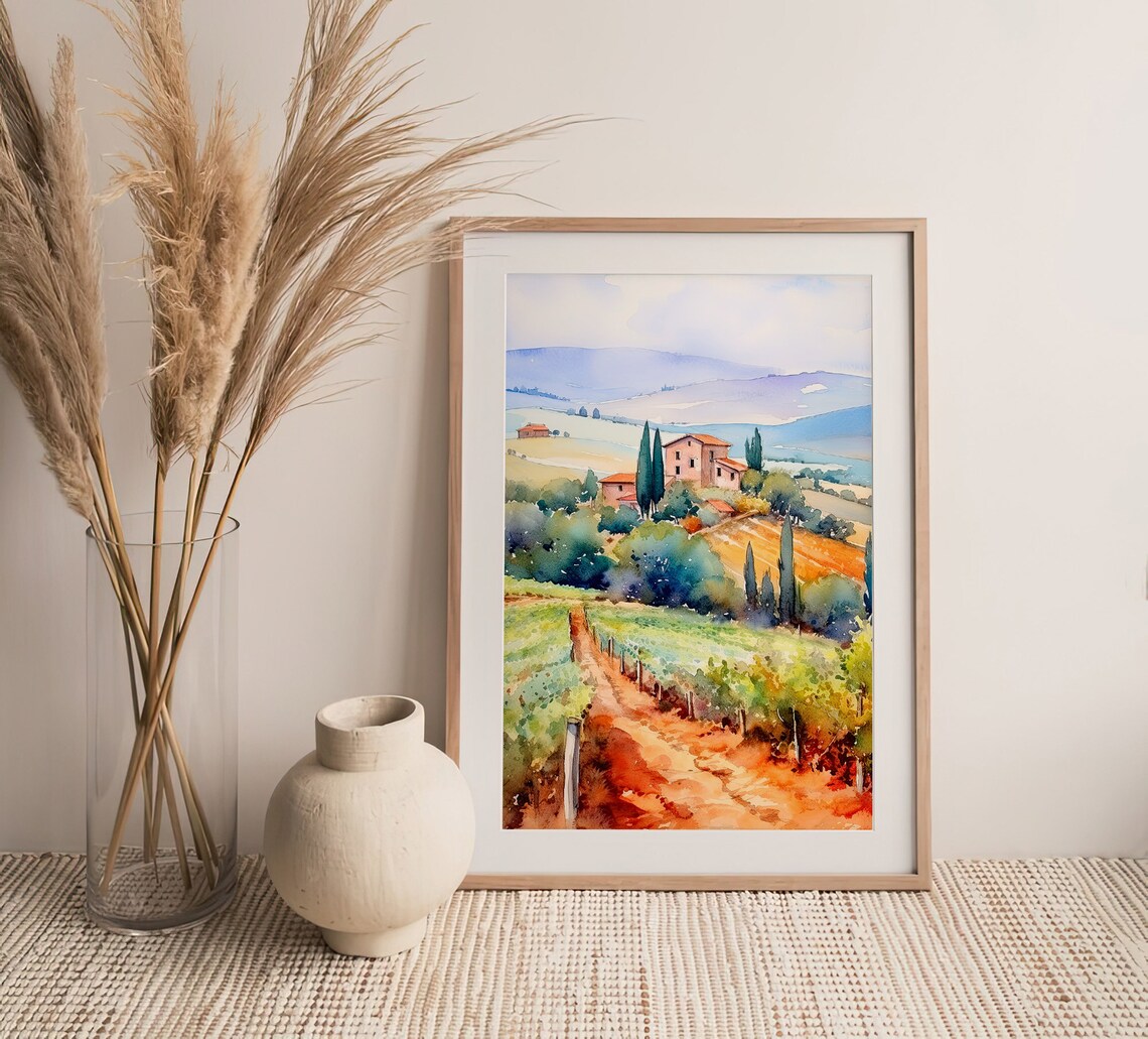 Tuscany Winery Watercolor Art Print, Italy Landscape - Image 5