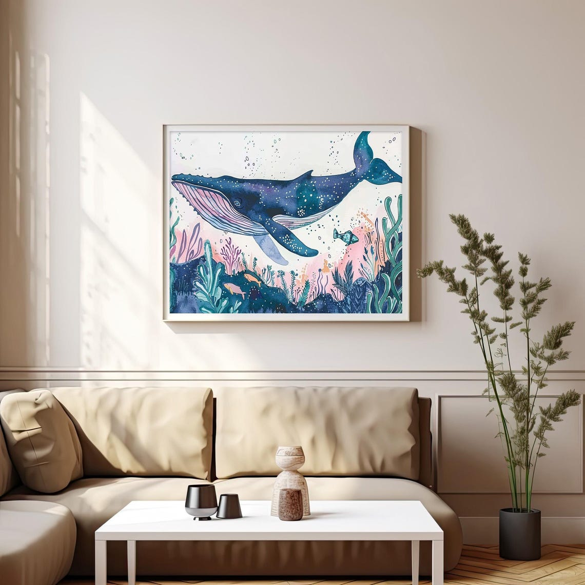 Humpback Whale Watercolor Underwater Coral Reef Scene Poster - Image 3