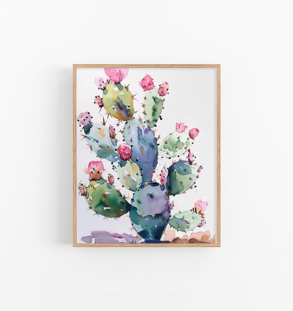 Prickly Pear Cactus Pink Blooms Watercolor Botanical Scene Poster